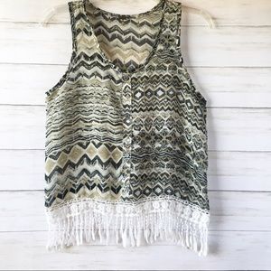Poof | Black & Tan Fringe Tank Top | Size S